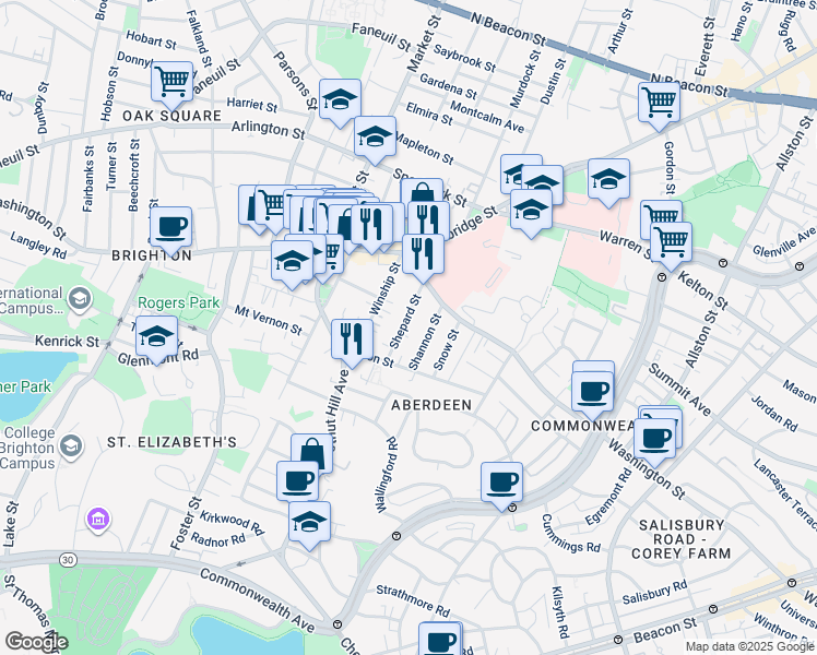 map of restaurants, bars, coffee shops, grocery stores, and more near 39 Shepard Street in Boston