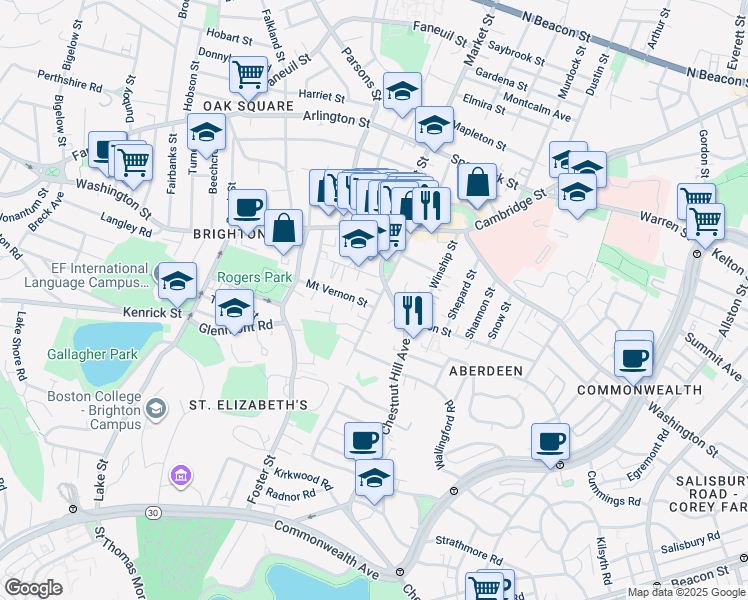map of restaurants, bars, coffee shops, grocery stores, and more near 82 Academy Hill Road in Boston