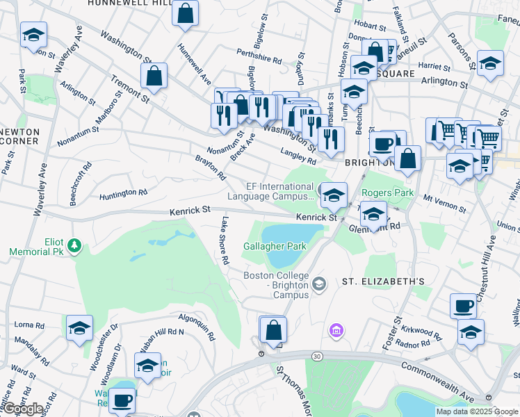 map of restaurants, bars, coffee shops, grocery stores, and more near 110-112 Kenrick Street in Boston