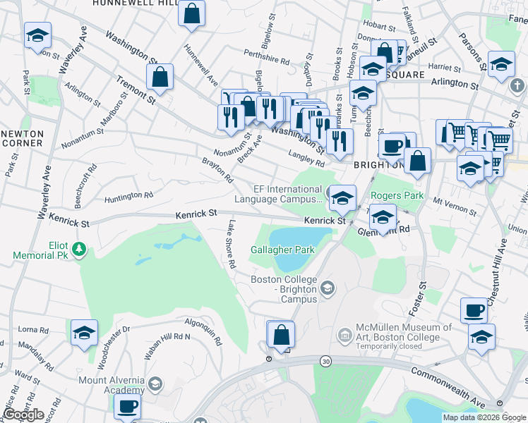 map of restaurants, bars, coffee shops, grocery stores, and more near 110-112 Kenrick Street in Boston