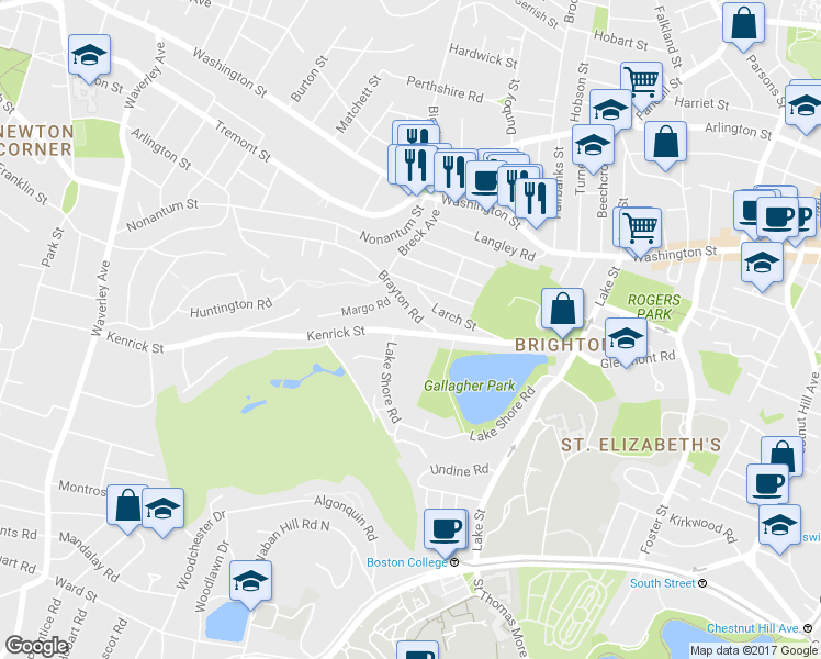map of restaurants, bars, coffee shops, grocery stores, and more near 150 Kenrick Street in Boston