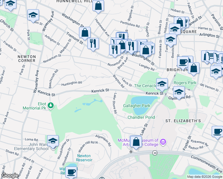 map of restaurants, bars, coffee shops, grocery stores, and more near 23 Lake Shore Court in Boston