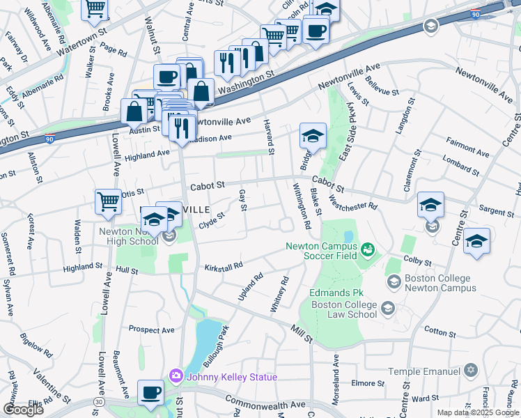 map of restaurants, bars, coffee shops, grocery stores, and more near 36 Frederick Street in Newton