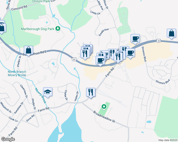 map of restaurants, bars, coffee shops, grocery stores, and more near 449 Boston Post Road East in Marlborough