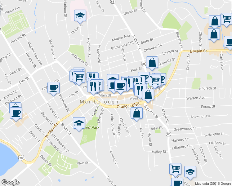 map of restaurants, bars, coffee shops, grocery stores, and more near 205 Main Street in Marlborough