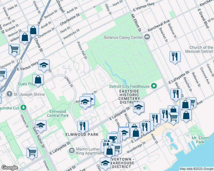 map of restaurants, bars, coffee shops, grocery stores, and more near 1382 Village Drive in Detroit