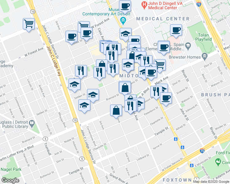 map of restaurants, bars, coffee shops, grocery stores, and more near 457 Brainard Street in Detroit