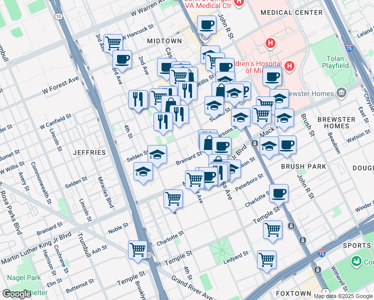 map of restaurants, bars, coffee shops, grocery stores, and more near 3711 2nd Avenue in Detroit