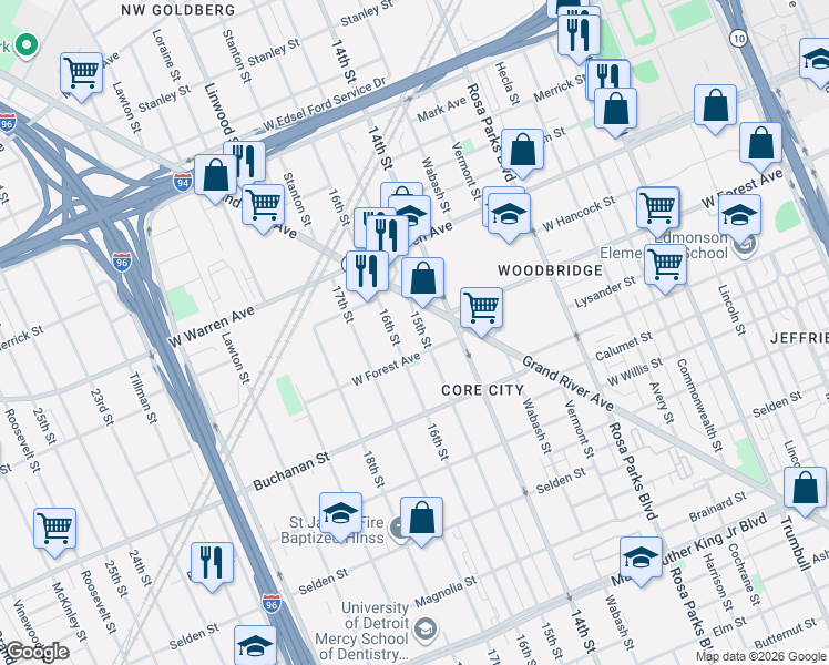 map of restaurants, bars, coffee shops, grocery stores, and more near 4613 15th Street in Detroit