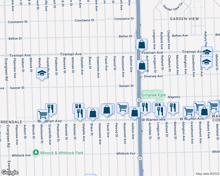 map of restaurants, bars, coffee shops, grocery stores, and more near 7425 Penrod Street in Detroit