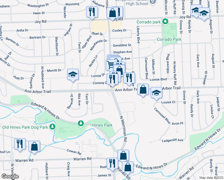 map of restaurants, bars, coffee shops, grocery stores, and more near Ann Arbor Trail & N Merriman Rd in Westland