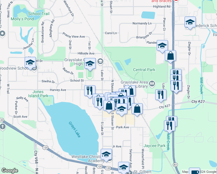 map of restaurants, bars, coffee shops, grocery stores, and more near 62 Pine Street in Grayslake