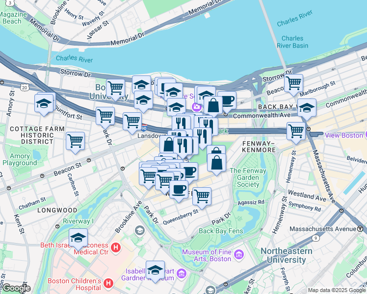 map of restaurants, bars, coffee shops, grocery stores, and more near 2-16 Yawkey Way in Boston