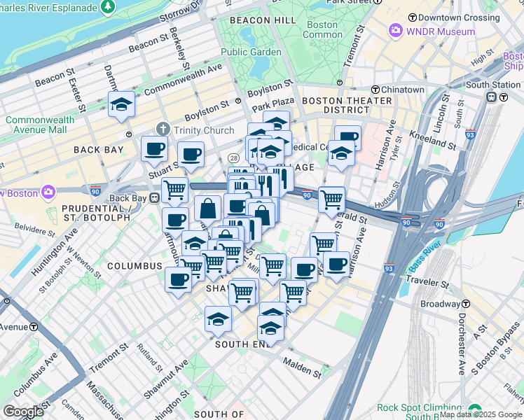 map of restaurants, bars, coffee shops, grocery stores, and more near 5 Appleton Street in Boston