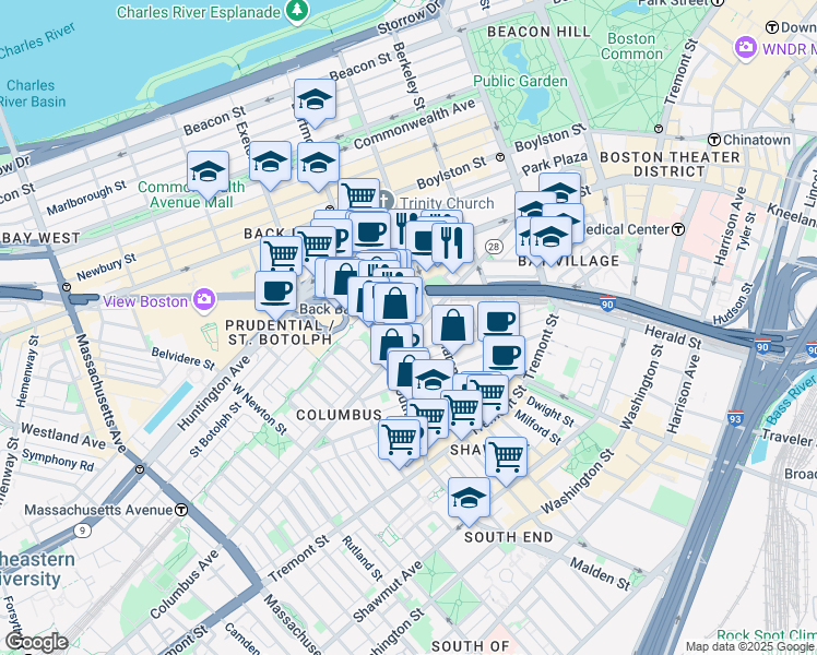 map of restaurants, bars, coffee shops, grocery stores, and more near 329 Columbus Avenue in Boston