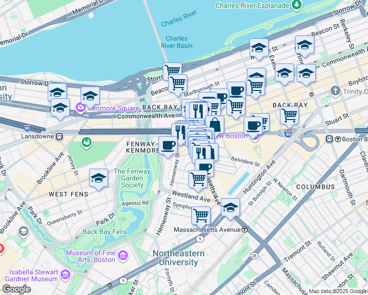 map of restaurants, bars, coffee shops, grocery stores, and more near 4 Haviland Street in Boston