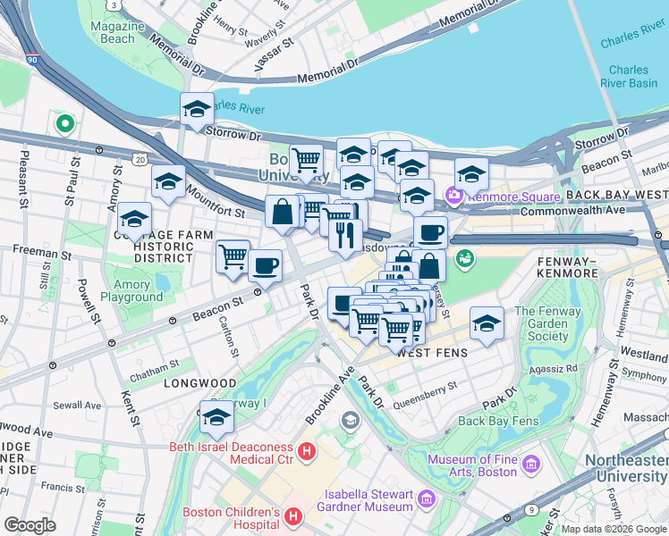 map of restaurants, bars, coffee shops, grocery stores, and more near 9 Miner Street in Boston