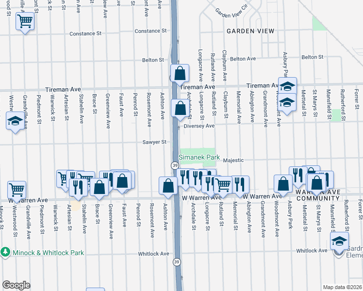 map of restaurants, bars, coffee shops, grocery stores, and more near 7430 Southfield Freeway in Detroit