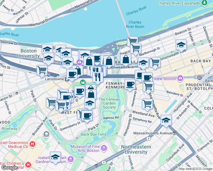 map of restaurants, bars, coffee shops, grocery stores, and more near 1179 Boylston Street in Boston