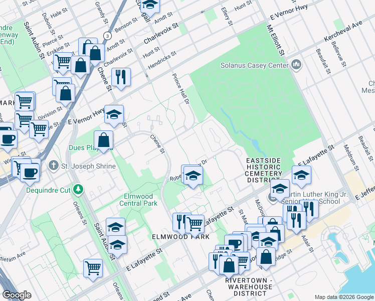 map of restaurants, bars, coffee shops, grocery stores, and more near 1925 Campau Farms Circle in Detroit