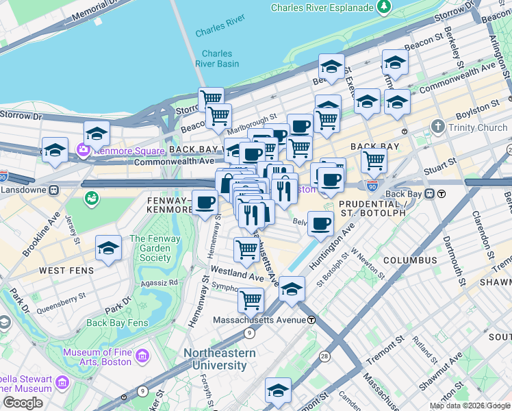 map of restaurants, bars, coffee shops, grocery stores, and more near 14 Belvidere Street in Boston