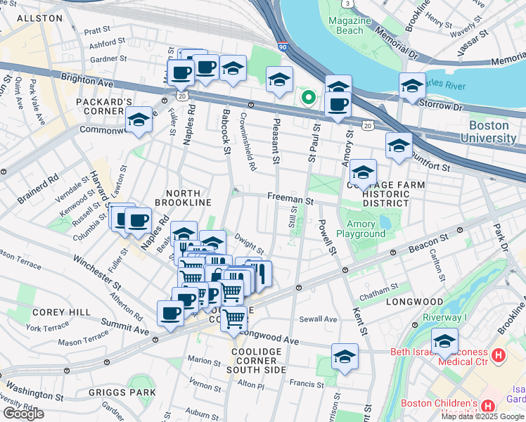 map of restaurants, bars, coffee shops, grocery stores, and more near 107 Browne Street in Brookline