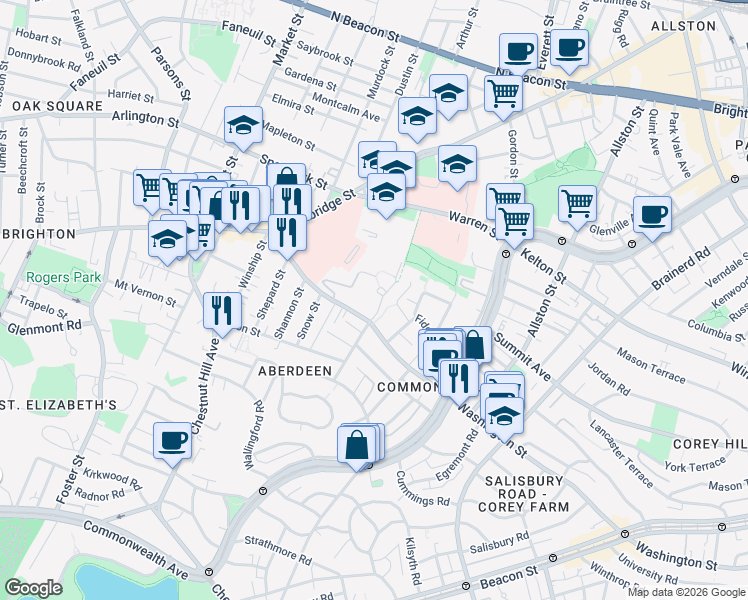 map of restaurants, bars, coffee shops, grocery stores, and more near 155 Washington Street in Boston
