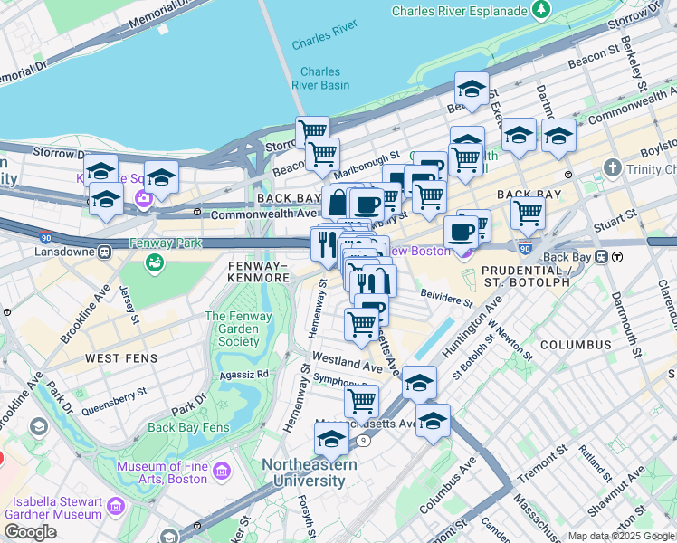 map of restaurants, bars, coffee shops, grocery stores, and more near 4 Haviland Street in Boston