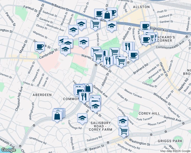 map of restaurants, bars, coffee shops, grocery stores, and more near 1476 Commonwealth Avenue in Boston