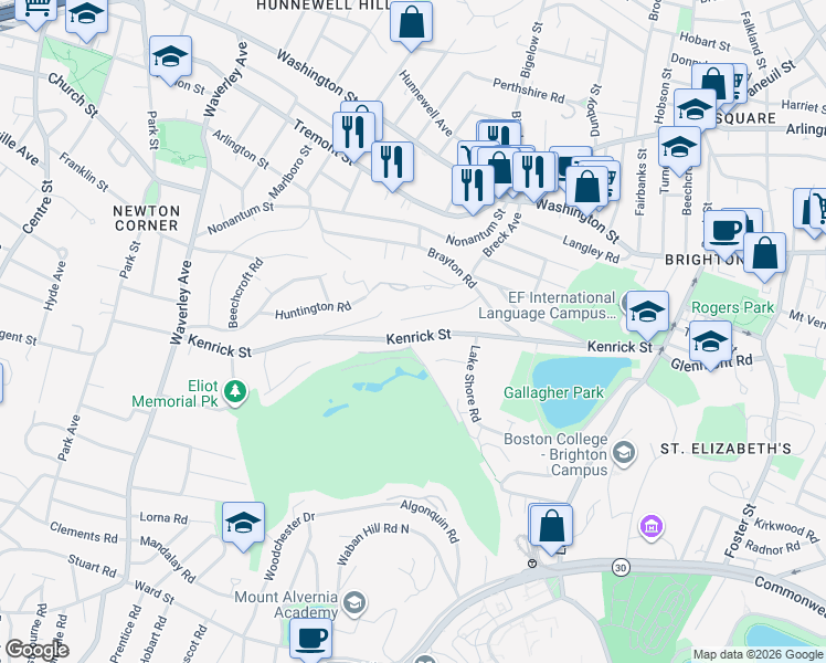 map of restaurants, bars, coffee shops, grocery stores, and more near 199 Kenrick Street in Boston