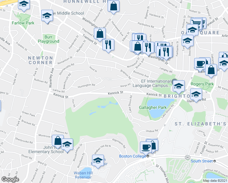 map of restaurants, bars, coffee shops, grocery stores, and more near 199 Kenrick Street in Boston