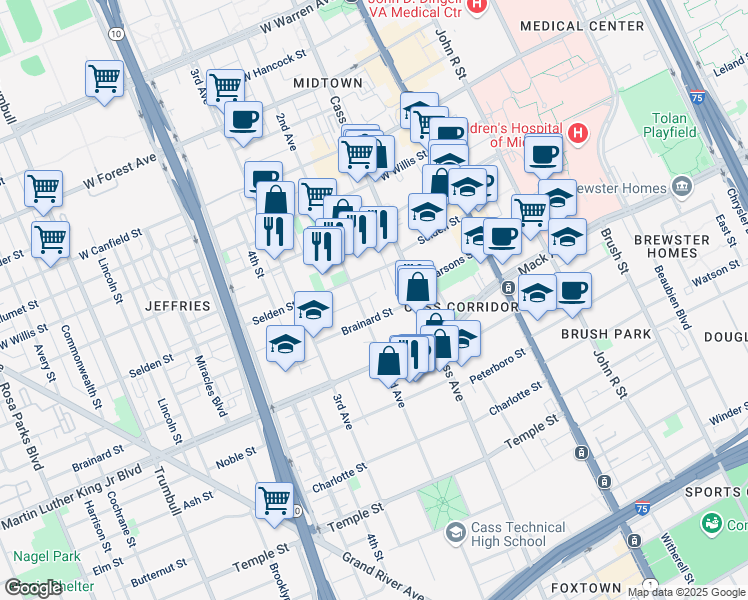 map of restaurants, bars, coffee shops, grocery stores, and more near 3740 2nd Avenue in Detroit