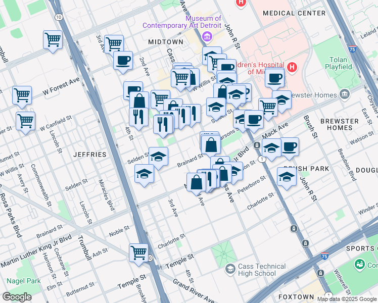 map of restaurants, bars, coffee shops, grocery stores, and more near 3740 2nd Avenue in Detroit