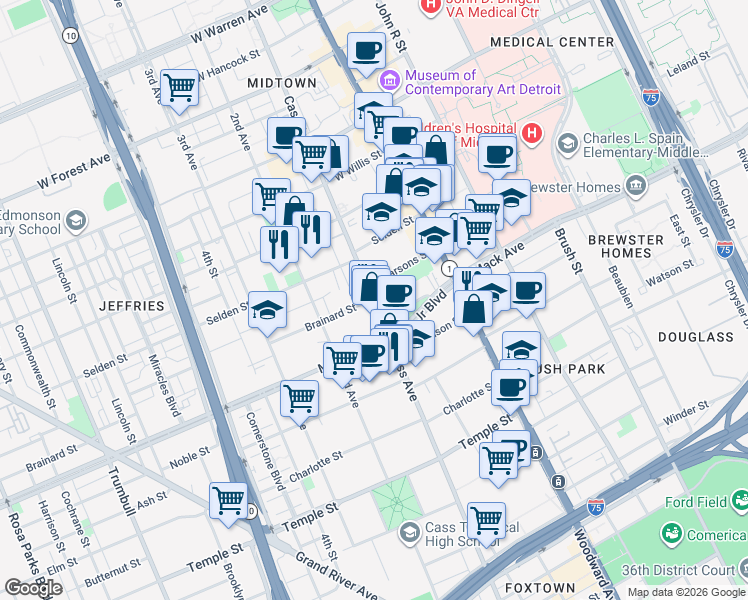 map of restaurants, bars, coffee shops, grocery stores, and more near Cass Ave & Brainard St in Detroit