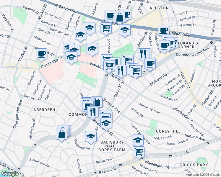 map of restaurants, bars, coffee shops, grocery stores, and more near 1486 Commonwealth Avenue in Boston