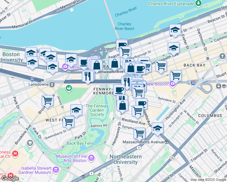 map of restaurants, bars, coffee shops, grocery stores, and more near 3780 Boylston Street in Boston