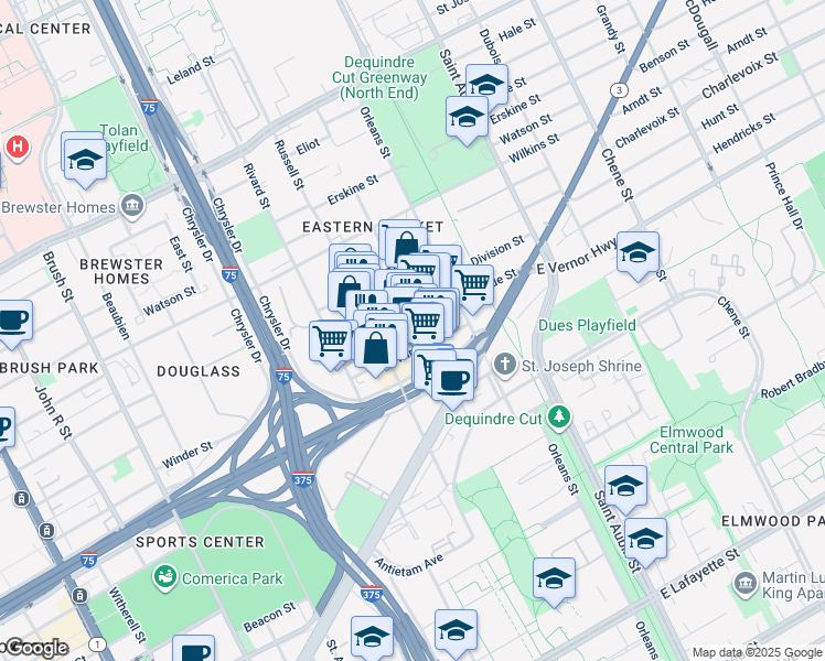 map of restaurants, bars, coffee shops, grocery stores, and more near 2518 Market Street in Detroit