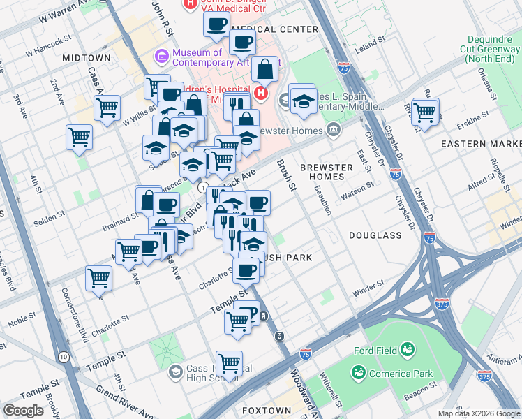 map of restaurants, bars, coffee shops, grocery stores, and more near 115 Erskine Street in Detroit