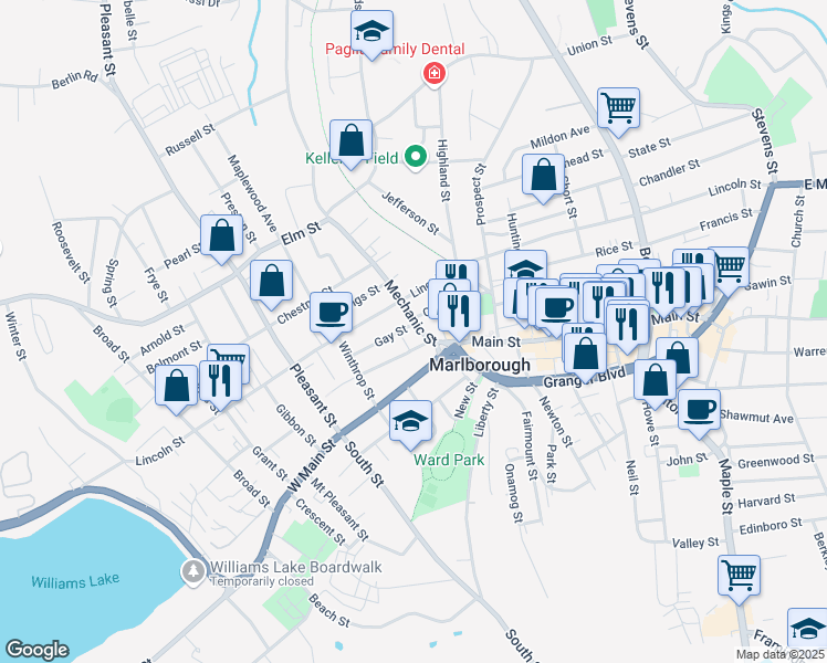map of restaurants, bars, coffee shops, grocery stores, and more near 32 Mechanic Street in Marlborough