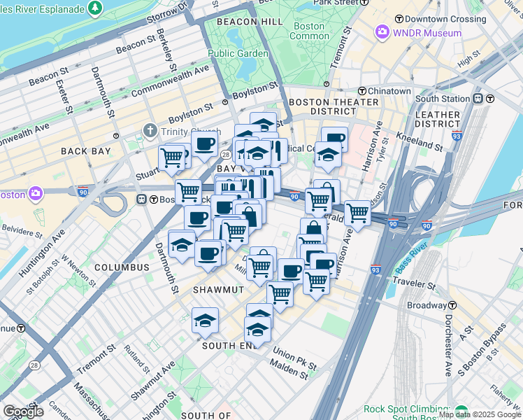 map of restaurants, bars, coffee shops, grocery stores, and more near 414 Tremont Street in Boston