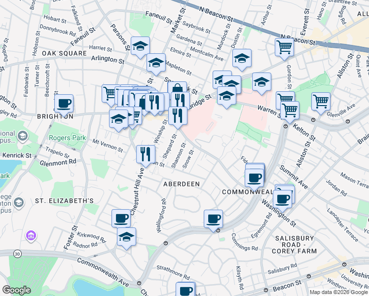 map of restaurants, bars, coffee shops, grocery stores, and more near 30 Shannon Street in Boston