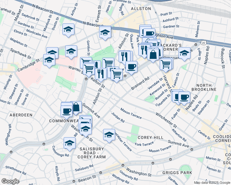 map of restaurants, bars, coffee shops, grocery stores, and more near 232 Kelton Street in Boston