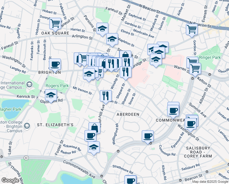 map of restaurants, bars, coffee shops, grocery stores, and more near 39 Shepard Street in Boston