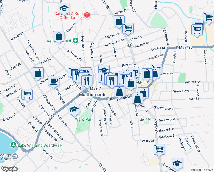 map of restaurants, bars, coffee shops, grocery stores, and more near 205 Main Street in Marlborough