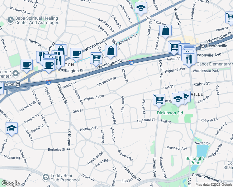 map of restaurants, bars, coffee shops, grocery stores, and more near 221 Otis Street in Newton