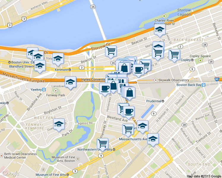 map of restaurants, bars, coffee shops, grocery stores, and more near Boylston Street in Boston