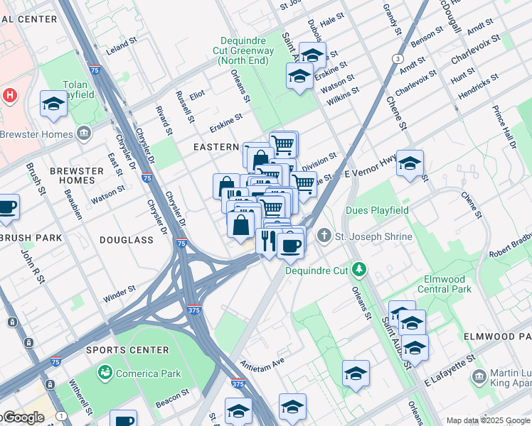map of restaurants, bars, coffee shops, grocery stores, and more near 1489 Winder Street in Detroit