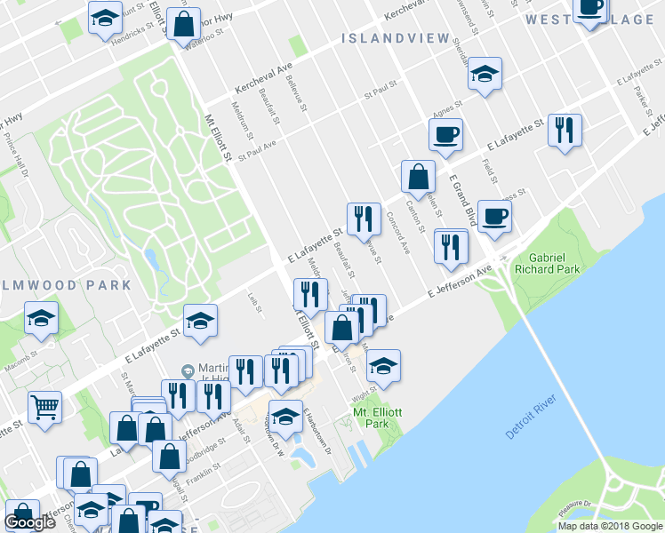 map of restaurants, bars, coffee shops, grocery stores, and more near Jefferson Court in Detroit