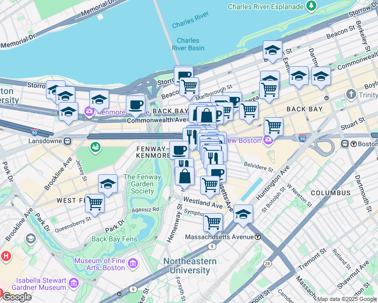 map of restaurants, bars, coffee shops, grocery stores, and more near Boylston Street & Hemenway Street in Boston