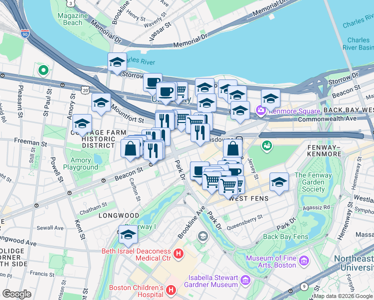 map of restaurants, bars, coffee shops, grocery stores, and more near 880 Beacon Street in Boston